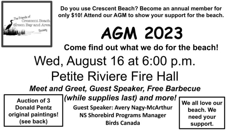 Wed, August 16 at 6:00 p.m. Petite Riviere Fire Hall Meet and Greet, Guest Speaker, Free Barbecue (while supplies last) and more! Auction of 3 Donald Pentz original paintings! Guest Speaker: Avery Nagy-McArthur, NS Shorebird Programs Manager Birds Canada